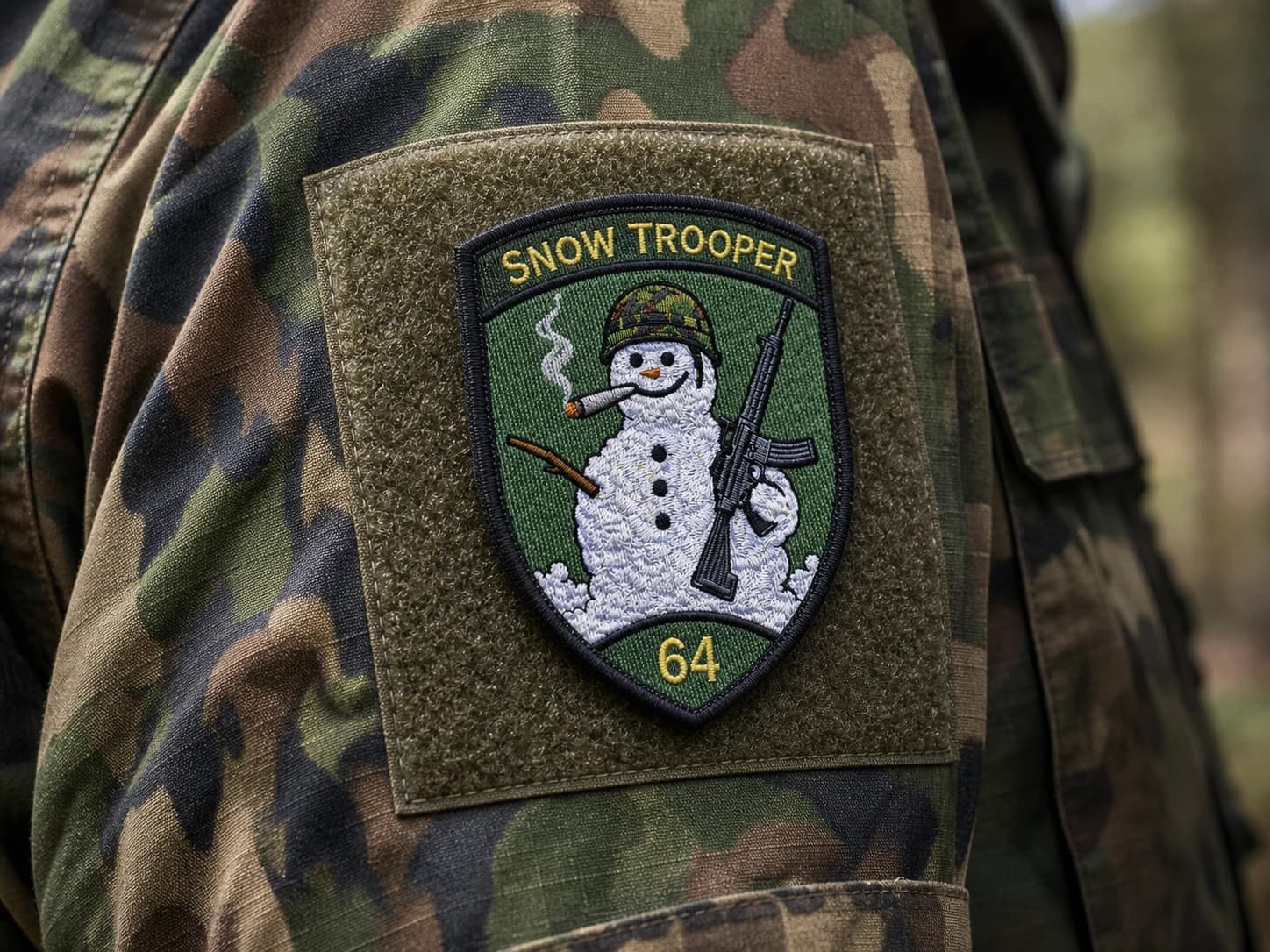 Snow Trooper Klett-Badge auf olivem Gear-Stoff befestigt